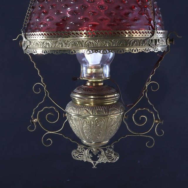 Victorian Antique Cranberry Hobnail Glass & Brass Hanging Light, Electrified, C1900 For Sale - Image 3 of 12