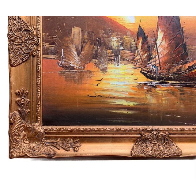 This vibrant and captivating seascape depicts a fleet of traditional Chinese sailing ships (junks) glowing under a radiant...