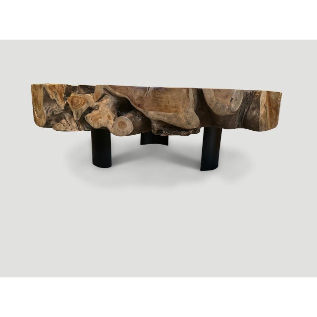 Andrianna Shamaris Teak Wood and Steel Round Coffee Table For Sale - Image 4 of 5