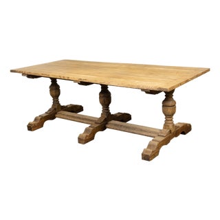 French 19th Century Bleached Oak Farm Table with Trestle Base and Baluster Legs For Sale