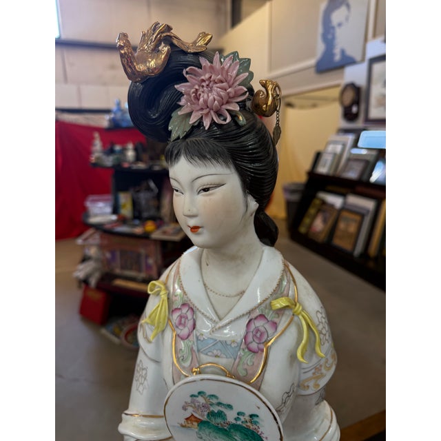 Japanese Vintage Hand Painted Porcelain Japanese Geisha Statue 32in Tall For Sale - Image 3 of 9