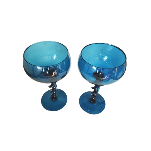 The Vintage Mid Century Twisted Stem Art Glass Royal Blue 11" Snifters are elegant and striking pieces of mid-century...