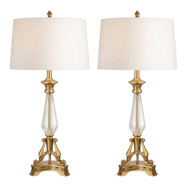 Late 20th Century Stately Neoclassical Sunlit Brass & Fluted Glass Table Lamps — a Pair For Sale