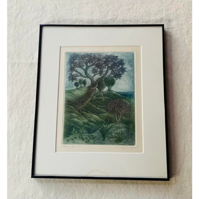Blue Hand Colored Steel Plate Etching "Flowering Tree" by Aida Whedon (C. 1960s) For Sale - Image 8 of 12