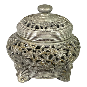 Vintage Asian Metal, Incense Burner With Elaborate Floral Open Work Design