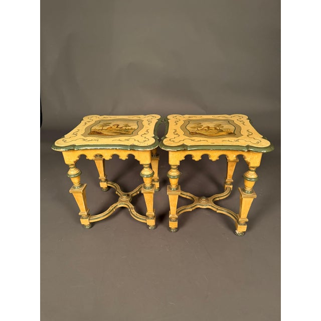 Charming pair of French Louis XVI style side tables dating to circa 1920, featuring distinctive polychrome decoration and...