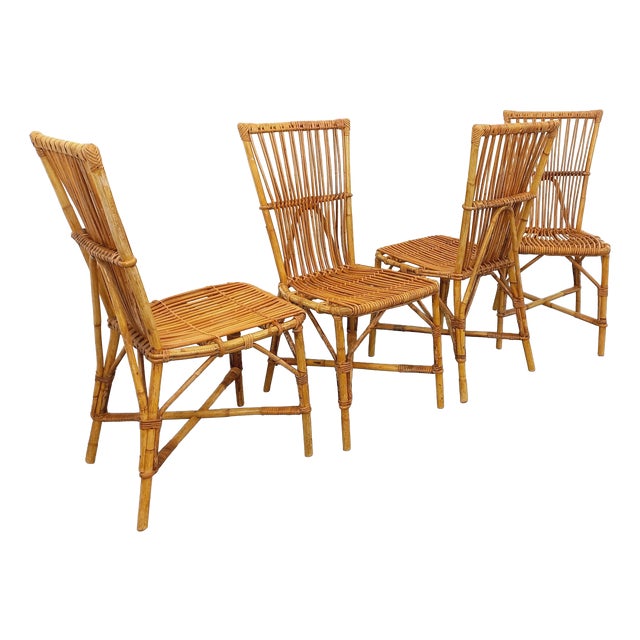 Vintage Rattan Chairs by Adrien Audoux & Frida Minet, 1960s, Set of 4 For Sale