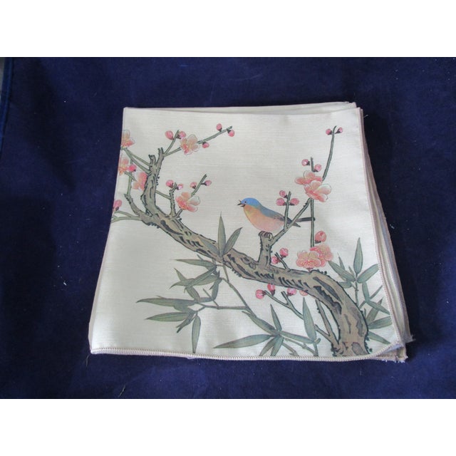 Vintage Little Bluebird Among the Cherry Blossoms With Bamboo Accent Dinner Napkins- Set of 4 For Sale - Image 11 of 11