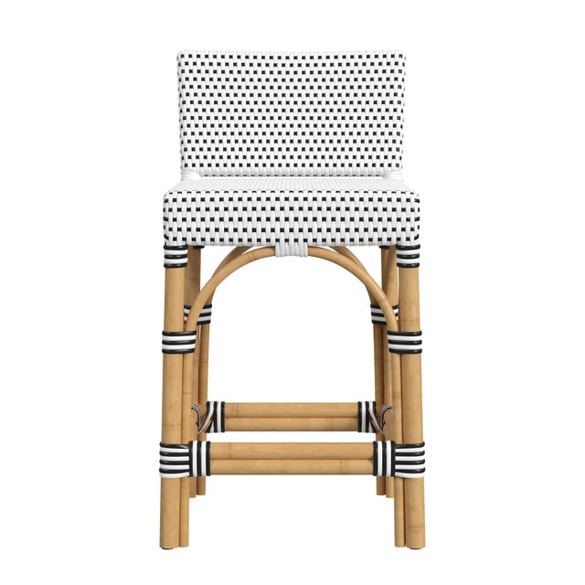 Spritely Home Accent Furniture Serienna 24.5 in. Seat Height Rectangular Rattan Low Back Counter Stool, White/Black Dot/ Natural Rattan Frame For Sale - Image 4 of 8