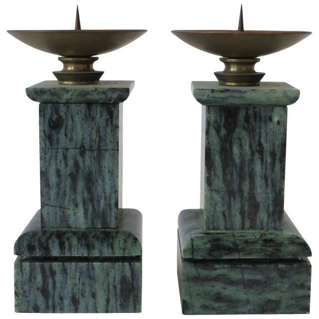 Neoclassical Dark Green Marble and Brass Column Candlestick Holders, Pair For Sale