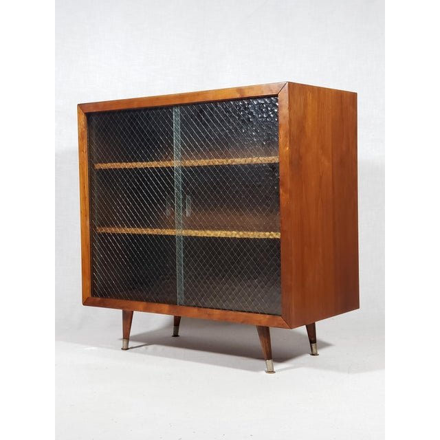 Pair of Vintage Original Mid-Century Modern Walnut Finish All Wood Display Cabinets With Adjustable Shelves and Sliding Wire Glass Doors For Sale - Image 13 of 18