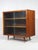 Pair of Vintage Original Mid-Century Modern Walnut Finish All Wood Display Cabinets With Adjustable Shelves and Sliding Wire Glass Doors For Sale - Image 13 of 18
