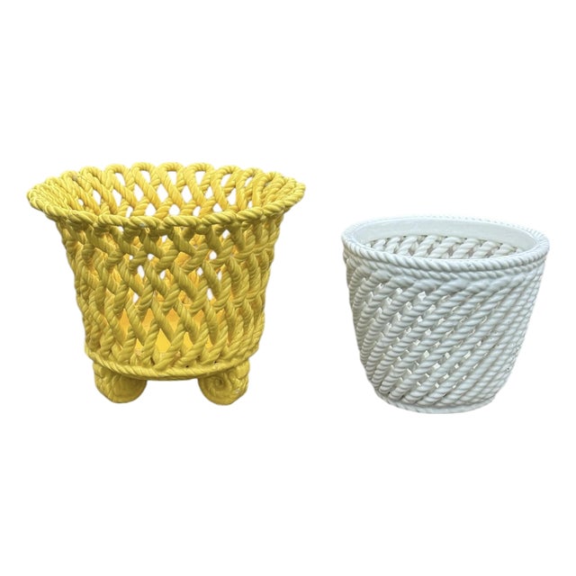 Vintage Ceramic Woven Cachepots Yellow & White For Sale