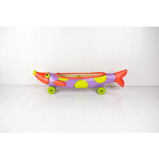 Alison Palmer Studio Art Pottery: Whimsical Fish on Wheels This exceptional early studio art pottery sculpture is a...