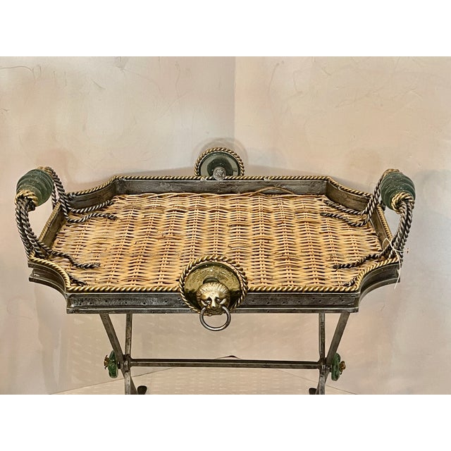 Mid-Century Modern Wicker, Iron & Glass Tray Table on Stand Attributed to Maitland Smith For Sale - Image 3 of 13