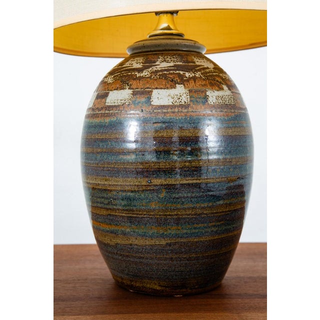 1960s Mid Century Modern Ceramic Blue Brown Glaze Table Lamp For Sale - Image 9 of 10