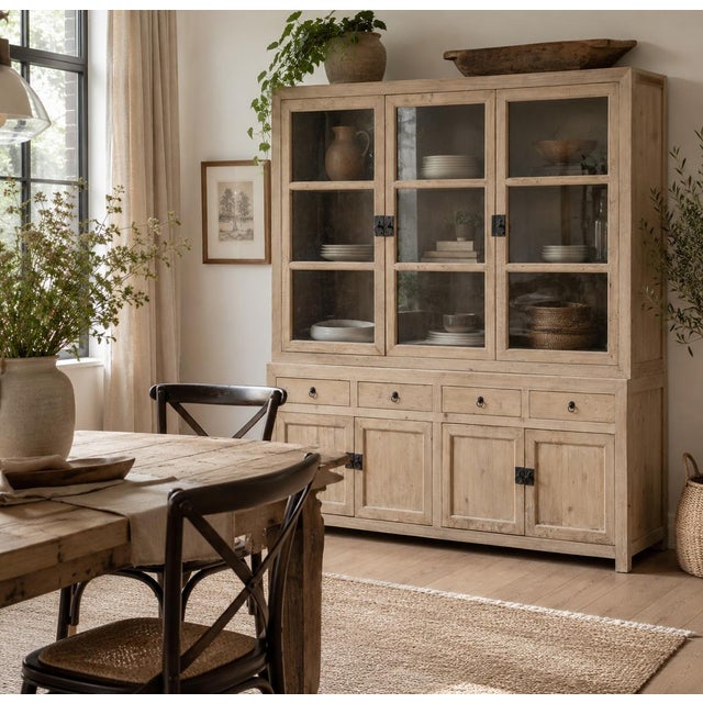 Handcrafted from solid wood, this expansive three-door glass hutch brings timeless architectural character and versatile...