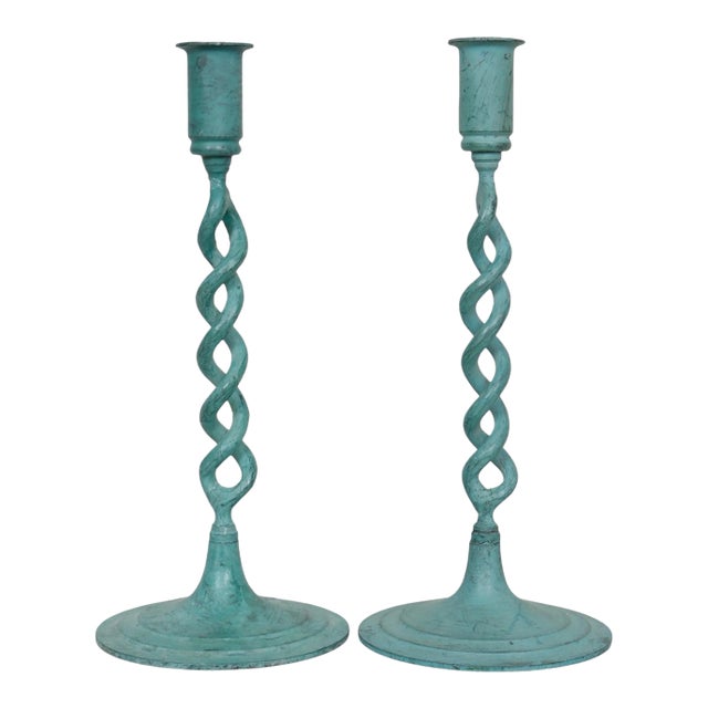 Verdigris Open Barley Twist Candlestick Holders, a Pair For Sale