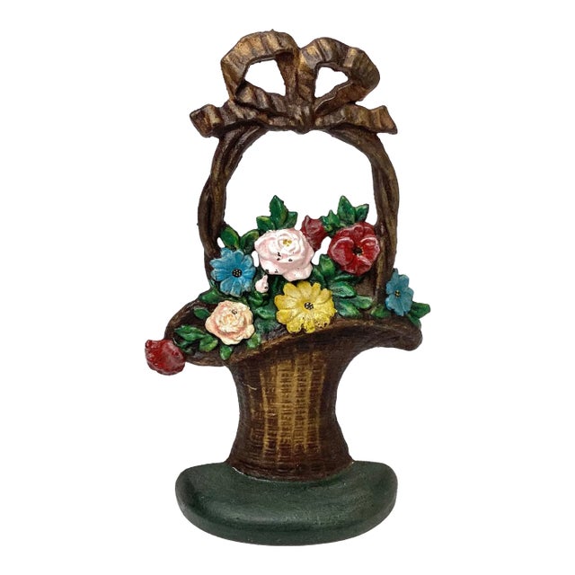 Antique Hubley Flower Basket Doorstop in Great Paint For Sale