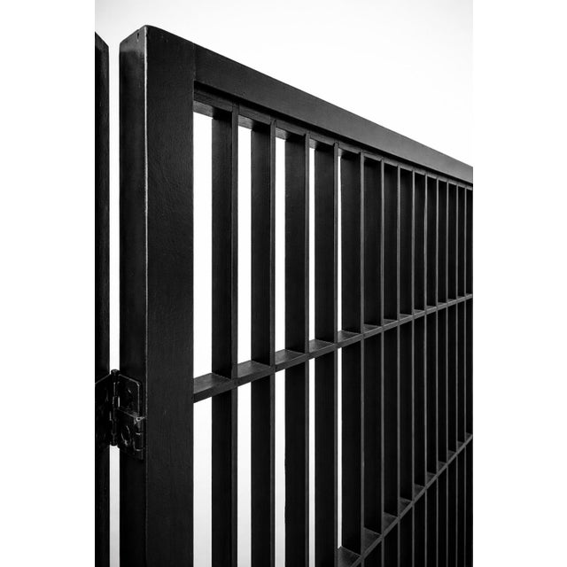 Large Three-Panel Black Slatted Room Divider Screen — Japandi Style Architectural Folding Screen For Sale - Image 4 of 5