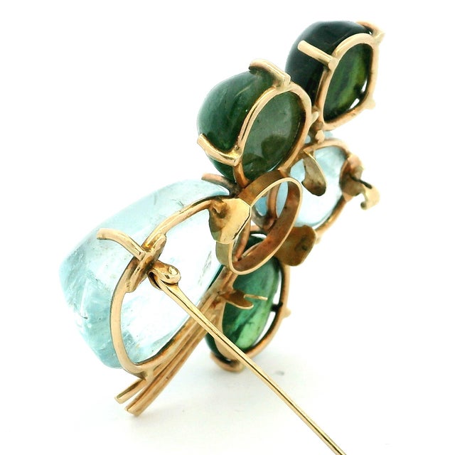 Sky Blue Italian Mid-Century Convertible Aquamarine & Green Tourmaline 14k Brooch Ring For Sale - Image 8 of 14