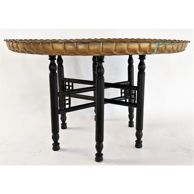 Moroccan Moroccan Round Brass Top Tray Table With Folding Wood Stand For Sale - Image 3 of 13