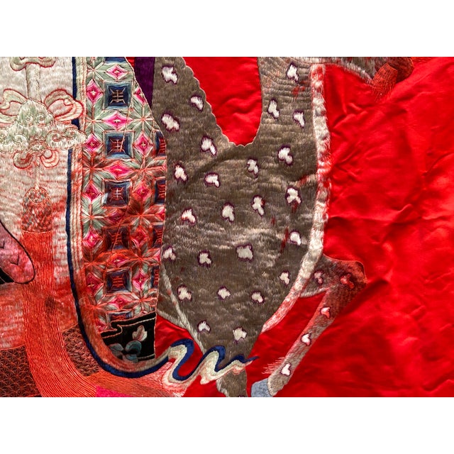Vintage Chinese Shoulao Longevity Peach Deer Embroidery Fabric Tapestry Art For Sale - Image 13 of 16