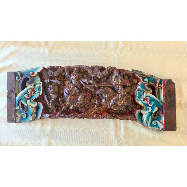 Antique Chinese Architectural Carving - Ming Dynasty Era - "Romance of the Three Kingdoms" - Double-Sided Polychrome Lintel For Sale - Image 4 of 18