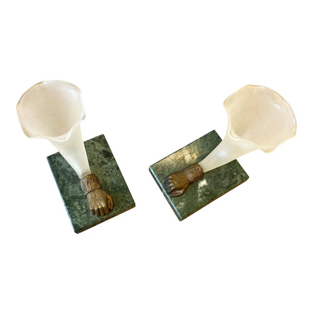 Bronze Art Glass & Green Marble Base Sculpture Vases - A Pair For Sale