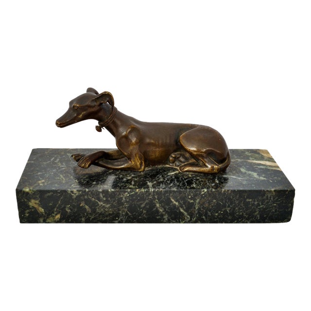 Antique French Animalier Bronze Marble Greyhound Sculpture Desk Paperweight 1900 For Sale
