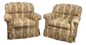 Pair Vintage Custom Upholstered Club Chairs One Swivel Chair and One Fixed