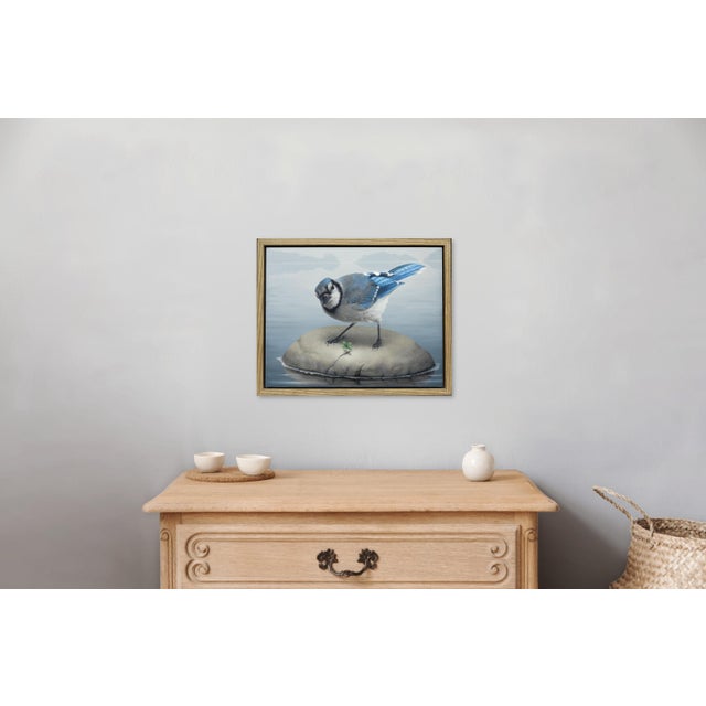 Gray Blue Jay by Susan McDonnell | Oil on Panel Bird on Rock Painting For Sale - Image 8 of 9