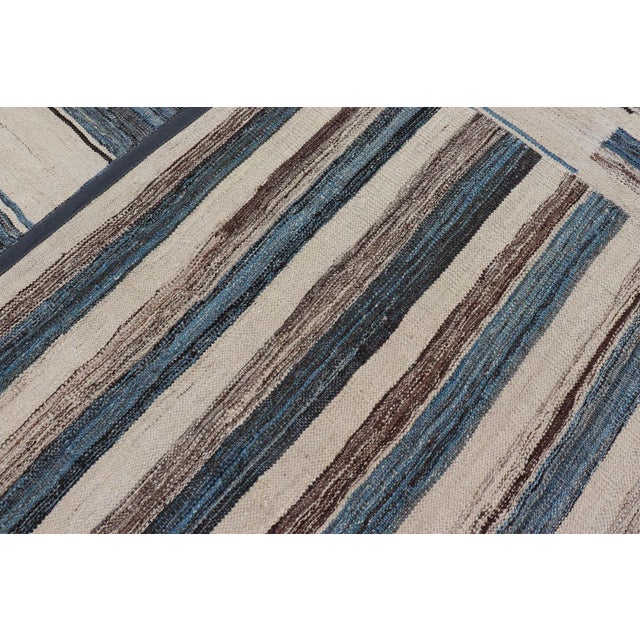 Flat-Weave Kilim Rug With Classic Stripe Design in Blue, Cream, Brown For Sale - Image 11 of 11