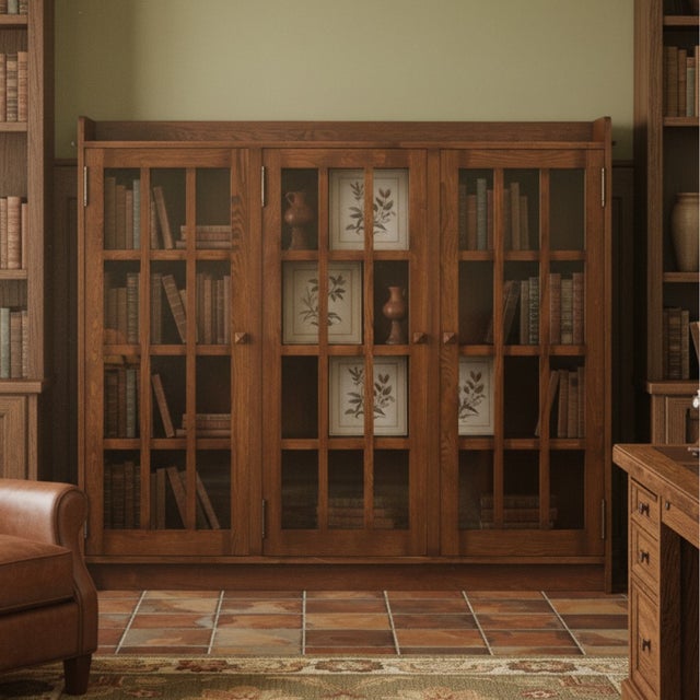 Brown Mission Oak 3 Door Display Bookcase For Sale - Image 8 of 14