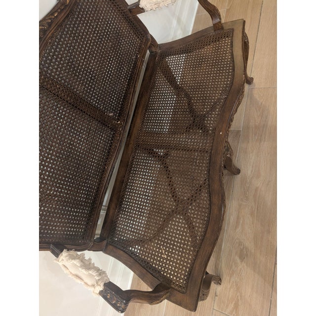 Vintage French Louis Style Cane Back Bench Settee With Carved Wood Frame For Sale - Image 9 of 9