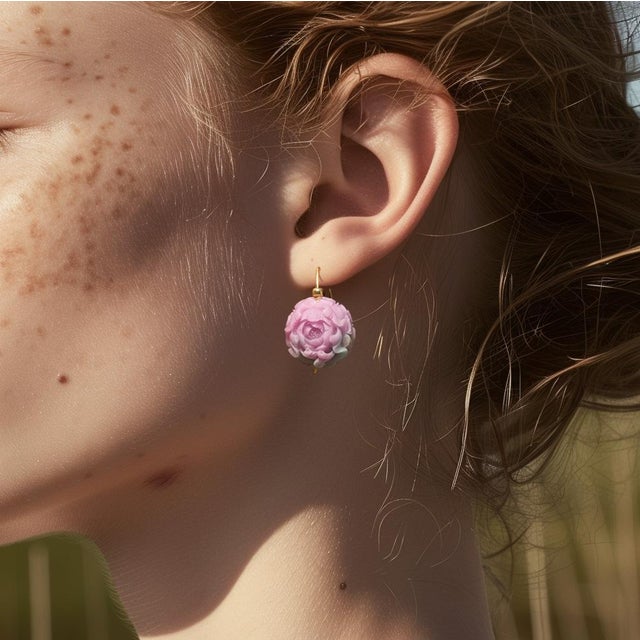 Metal Pink Agate Peony Flower Earring II 14k Gold Hook, A Pair For Sale - Image 7 of 8