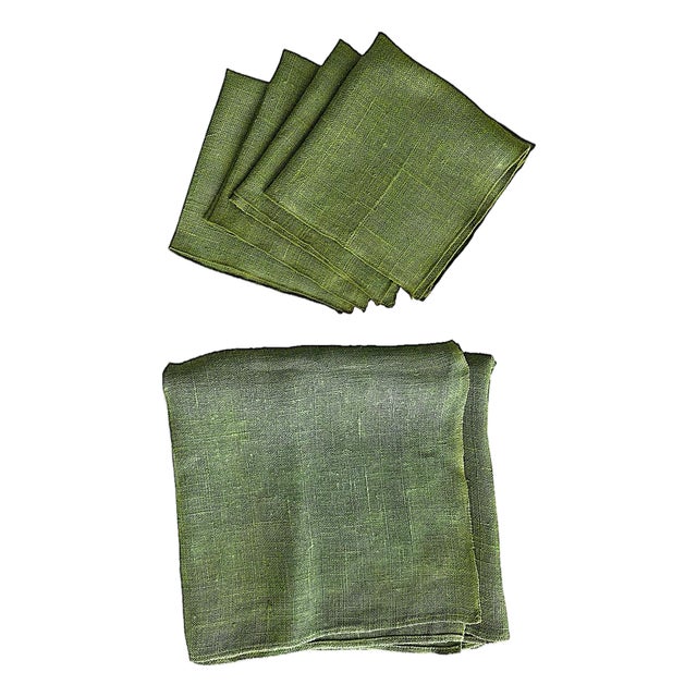 Vintage Woven Linen Tablecloth and Napkins - Set of 5 For Sale