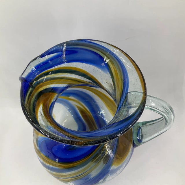 Mexican Reclye Hand Blown Glass Pitcher and 5 Goblets with Blue and Tan Swirl Design For Sale - Image 4 of 12