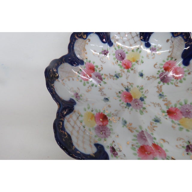 Early 20th Century Floral Scalloped Porcelain Bowl With Blue Trim and Gold Lattice Details 4839b For Sale - Image 5 of 14