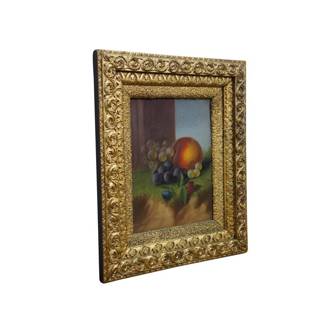 Antique Carducius Plantagenet Ream fruit and flowers still life oil painting on board. Features grapes, a peach and two...