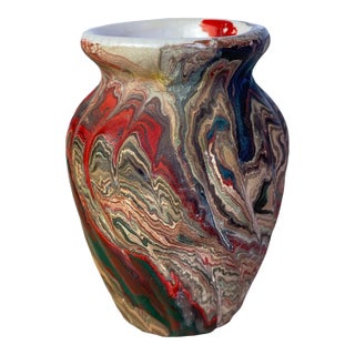 Vintage Marbled Porcelain Bud Vase in the Style of Nemadji or Ozark Pottery, Swirl Glaze Ceramic Vessel For Sale