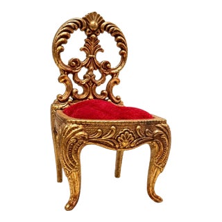 Vintage Brass Miniature Chair Pocket Watch Holder | Red Velvet For Sale