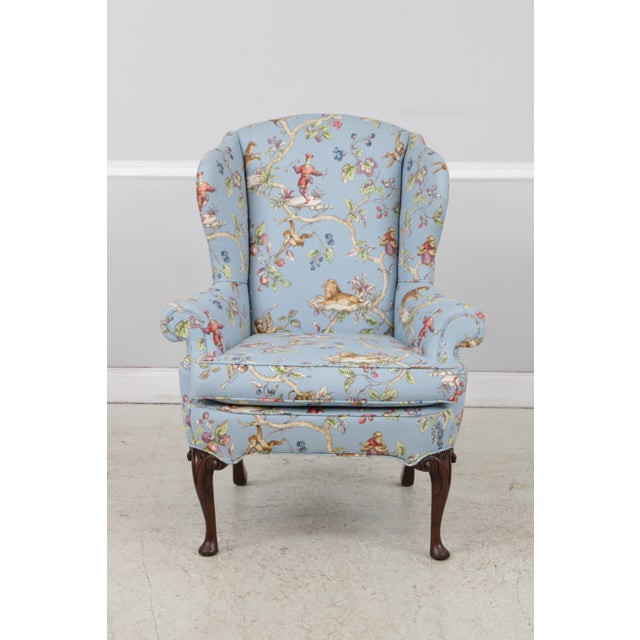 Chinoiserie Pair Jungle Boogie Monkey Toile Upholstered Wing Chairs For Sale - Image 3 of 14