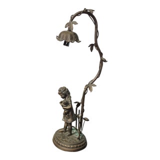 Vintage French Country Cast Bronze Figural Table Lamp W a Child and Kitten For Sale