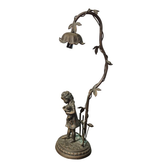 Vintage French Country Cast Bronze Figural Table Lamp W a Child and Kitten For Sale