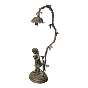 Vintage French Country Cast Bronze Figural Table Lamp W a Child and Kitten