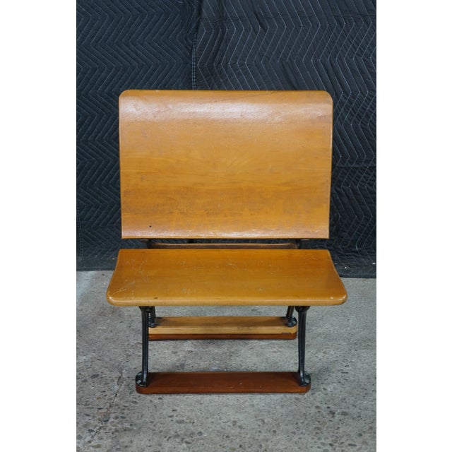 Antique American Solid Maple Classroom School Desk Cast Iron Flip-Up Chair Combo For Sale - Image 13 of 18