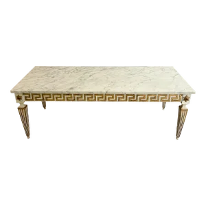 Vintage 1940s Italian Neoclassical Gilt Greeky Key and White Marble Coffee Table