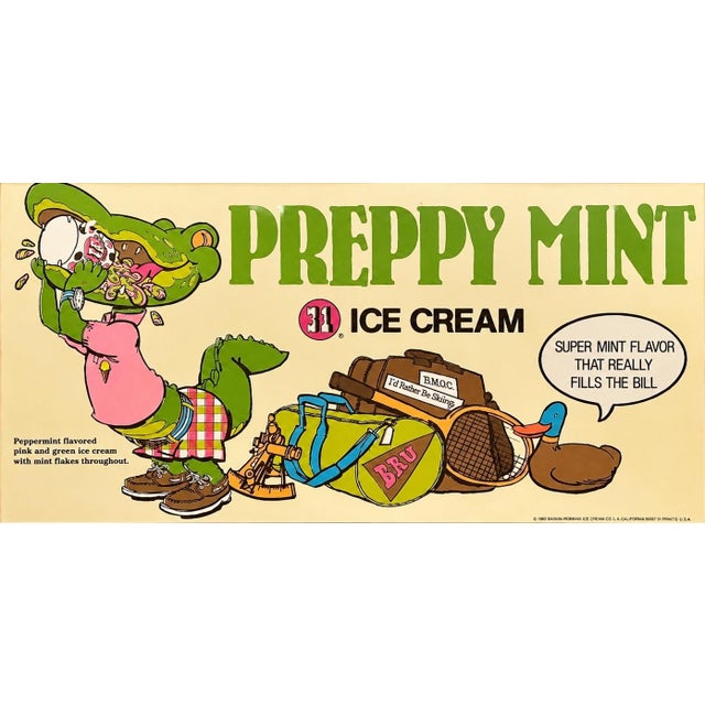 1980s Vintage 1983 Baskin Robbins Preppy Mint Framed Advertising Poster Alligator For Sale - Image 5 of 9