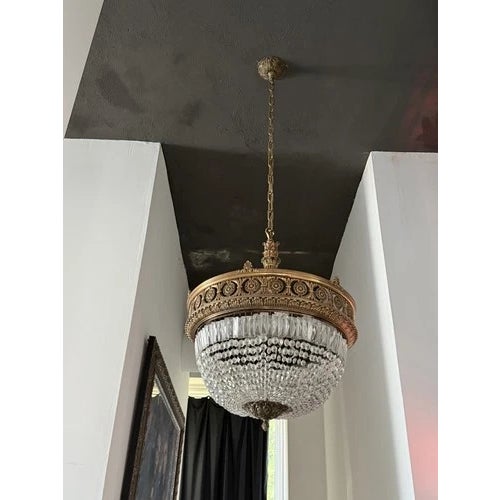 Antique Beaux Arts Bronze Crystal Basket Four Light Chandelier Rewired For Sale In Minneapolis - Image 6 of 10